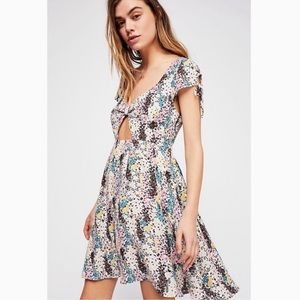 Free People Miss Right Cream & Purple Floral Print Mini Dress with Front Keyhole